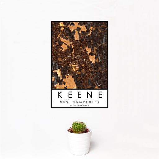 12x18 Keene New Hampshire Map Print Portrait Orientation in Ember Style With Small Cactus Plant in White Planter