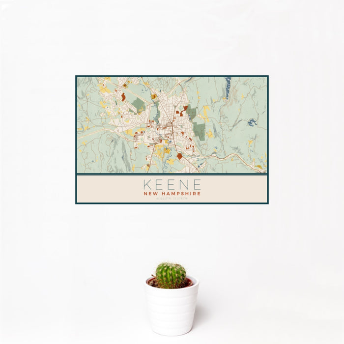 12x18 Keene New Hampshire Map Print Landscape Orientation in Woodblock Style With Small Cactus Plant in White Planter