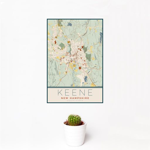 12x18 Keene New Hampshire Map Print Portrait Orientation in Woodblock Style With Small Cactus Plant in White Planter