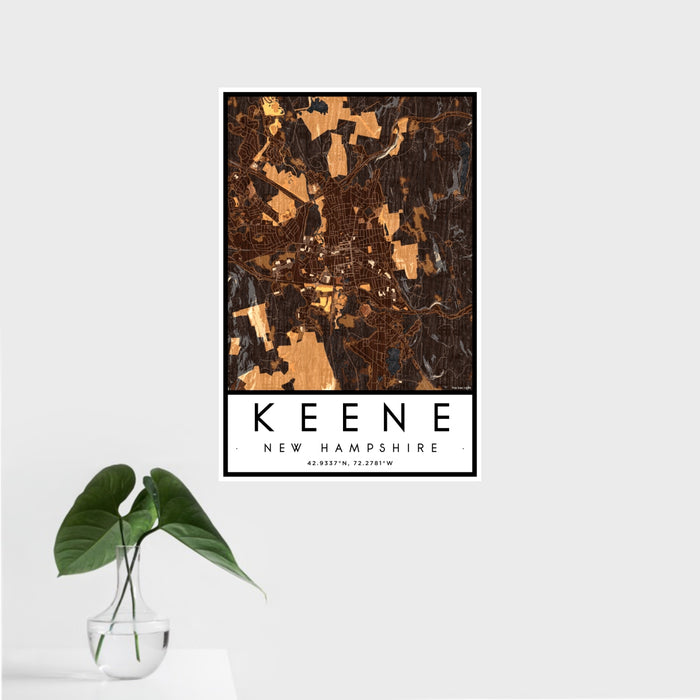16x24 Keene New Hampshire Map Print Portrait Orientation in Ember Style With Tropical Plant Leaves in Water