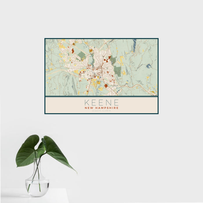 16x24 Keene New Hampshire Map Print Landscape Orientation in Woodblock Style With Tropical Plant Leaves in Water