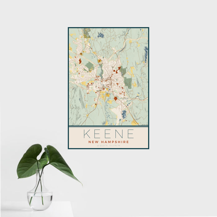 16x24 Keene New Hampshire Map Print Portrait Orientation in Woodblock Style With Tropical Plant Leaves in Water