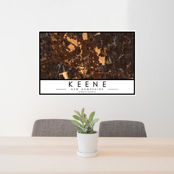 24x36 Keene New Hampshire Map Print Lanscape Orientation in Ember Style Behind 2 Chairs Table and Potted Plant