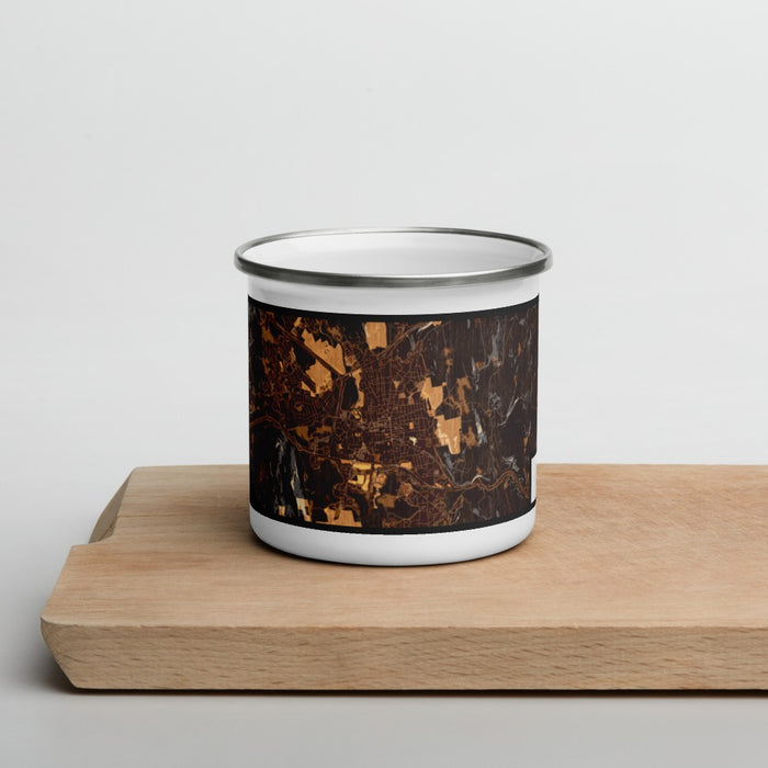 Front View Custom Keene New Hampshire Map Enamel Mug in Ember on Cutting Board