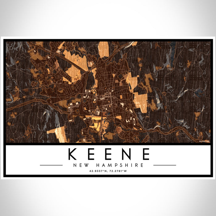 Keene New Hampshire Map Print Landscape Orientation in Ember Style With Shaded Background