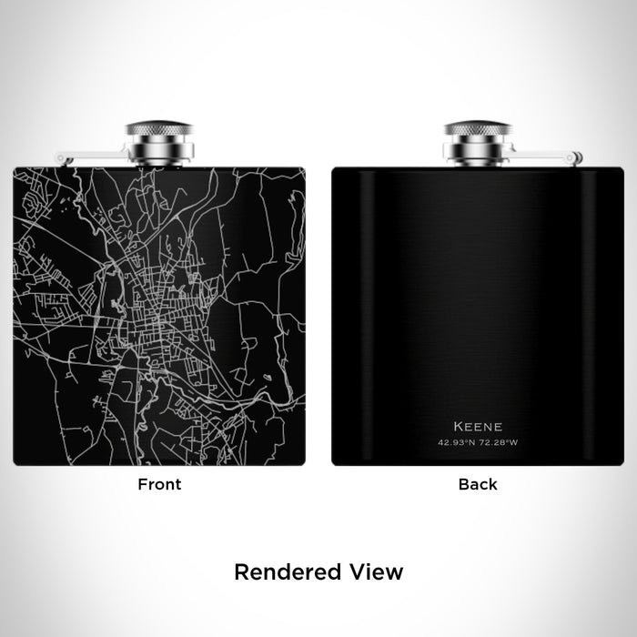 Rendered View of Keene New Hampshire Map Engraving on 6oz Stainless Steel Flask in Black