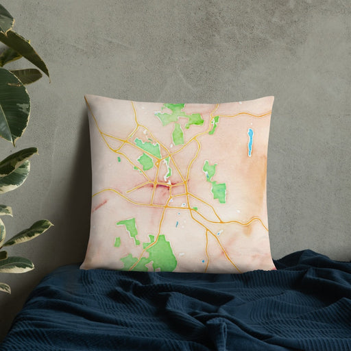 Custom Keene New Hampshire Map Throw Pillow in Watercolor on Bedding Against Wall