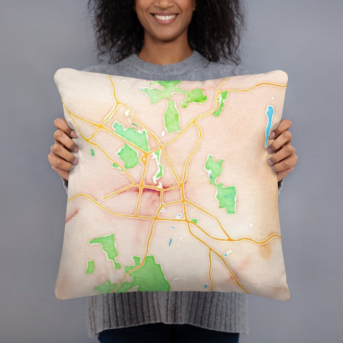 Person holding 18x18 Custom Keene New Hampshire Map Throw Pillow in Watercolor