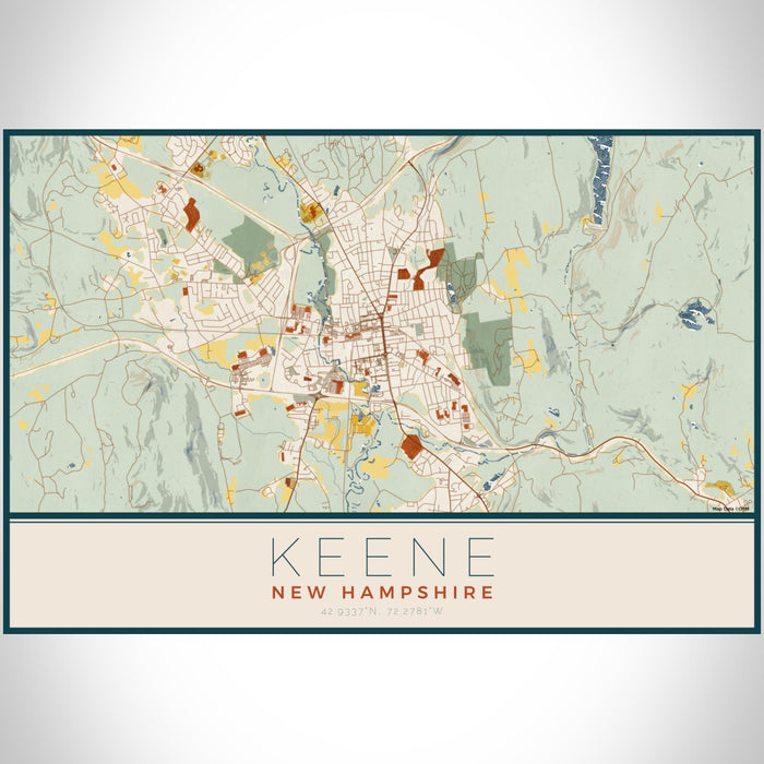 Keene New Hampshire Map Print Landscape Orientation in Woodblock Style With Shaded Background
