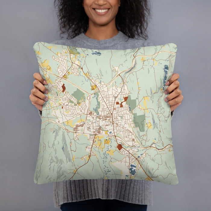 Person holding 18x18 Custom Keene New Hampshire Map Throw Pillow in Woodblock