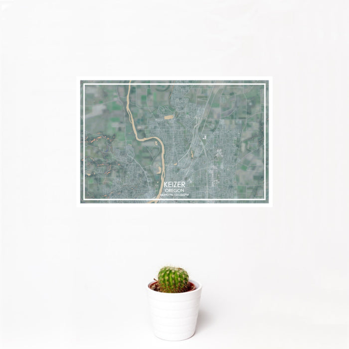 12x18 Keizer Oregon Map Print Landscape Orientation in Afternoon Style With Small Cactus Plant in White Planter