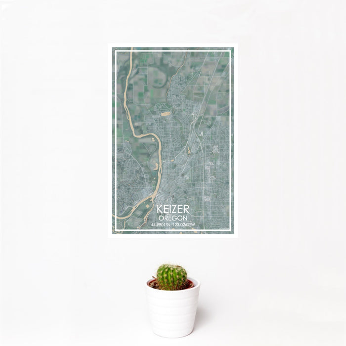 12x18 Keizer Oregon Map Print Portrait Orientation in Afternoon Style With Small Cactus Plant in White Planter