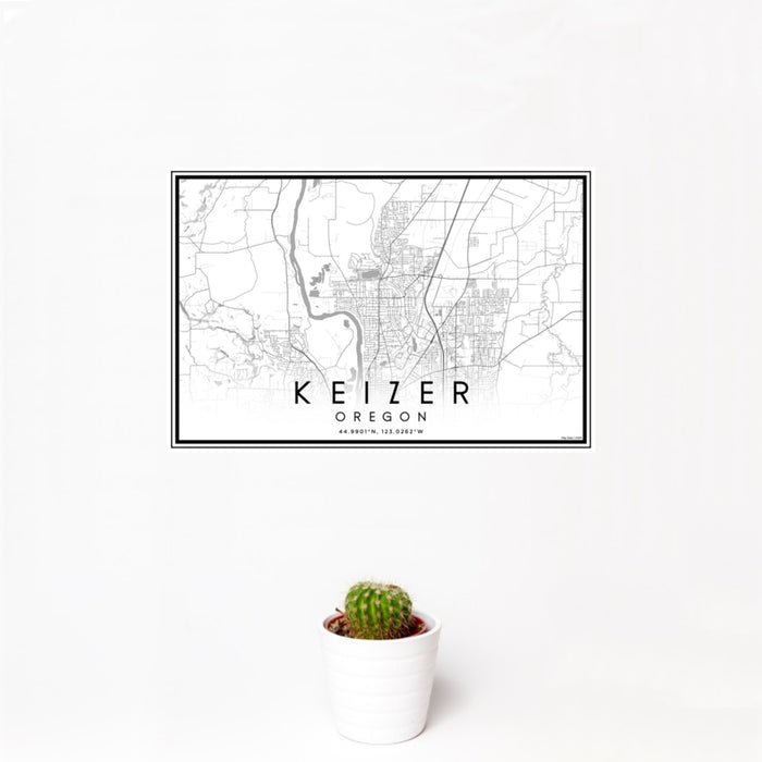 12x18 Keizer Oregon Map Print Landscape Orientation in Classic Style With Small Cactus Plant in White Planter