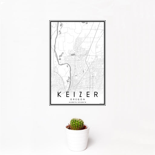 12x18 Keizer Oregon Map Print Portrait Orientation in Classic Style With Small Cactus Plant in White Planter