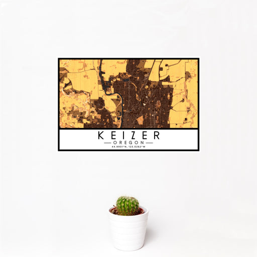 12x18 Keizer Oregon Map Print Landscape Orientation in Ember Style With Small Cactus Plant in White Planter