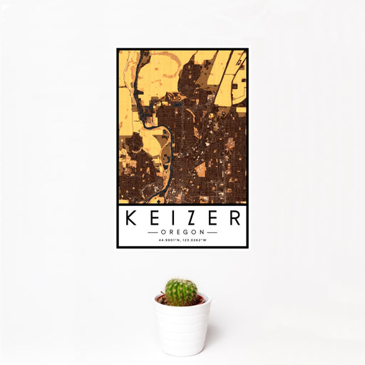 12x18 Keizer Oregon Map Print Portrait Orientation in Ember Style With Small Cactus Plant in White Planter