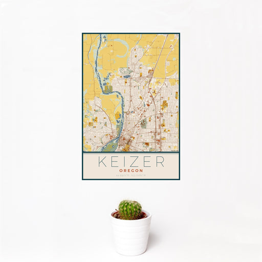 12x18 Keizer Oregon Map Print Portrait Orientation in Woodblock Style With Small Cactus Plant in White Planter