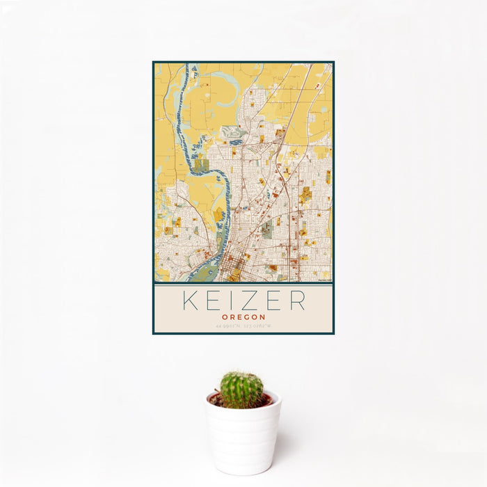 12x18 Keizer Oregon Map Print Portrait Orientation in Woodblock Style With Small Cactus Plant in White Planter