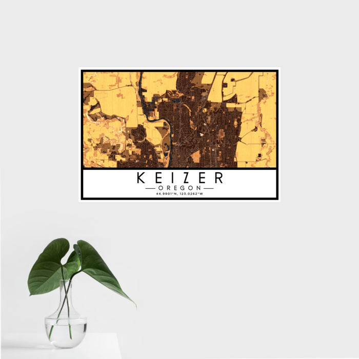 16x24 Keizer Oregon Map Print Landscape Orientation in Ember Style With Tropical Plant Leaves in Water
