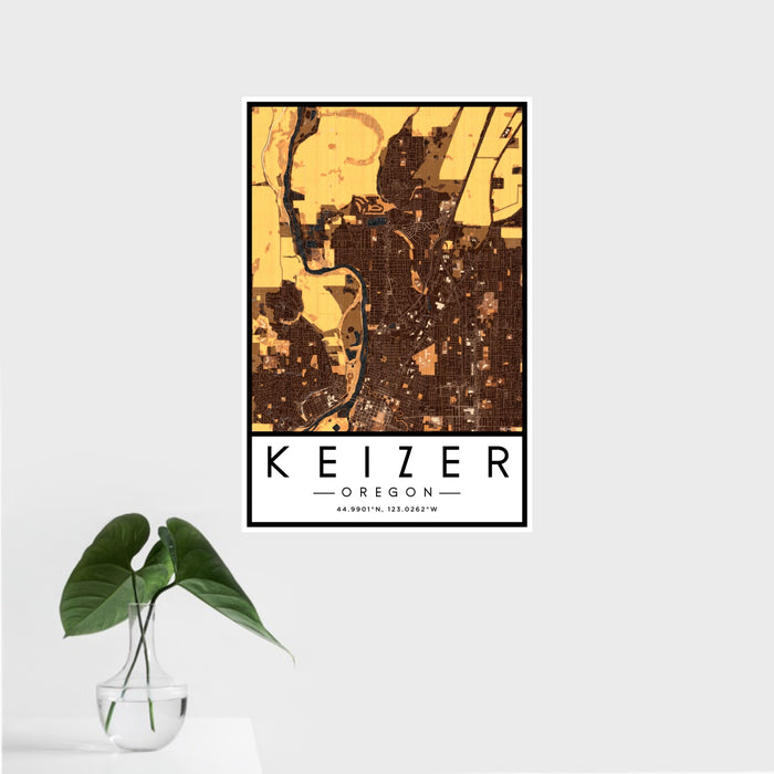 16x24 Keizer Oregon Map Print Portrait Orientation in Ember Style With Tropical Plant Leaves in Water