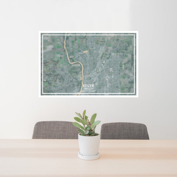 24x36 Keizer Oregon Map Print Lanscape Orientation in Afternoon Style Behind 2 Chairs Table and Potted Plant
