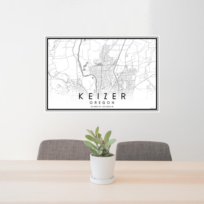 24x36 Keizer Oregon Map Print Lanscape Orientation in Classic Style Behind 2 Chairs Table and Potted Plant