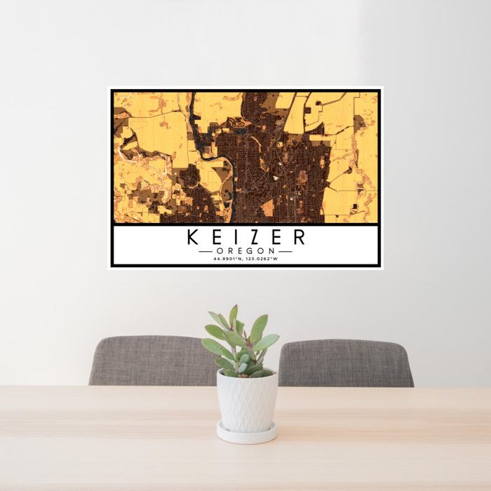24x36 Keizer Oregon Map Print Lanscape Orientation in Ember Style Behind 2 Chairs Table and Potted Plant