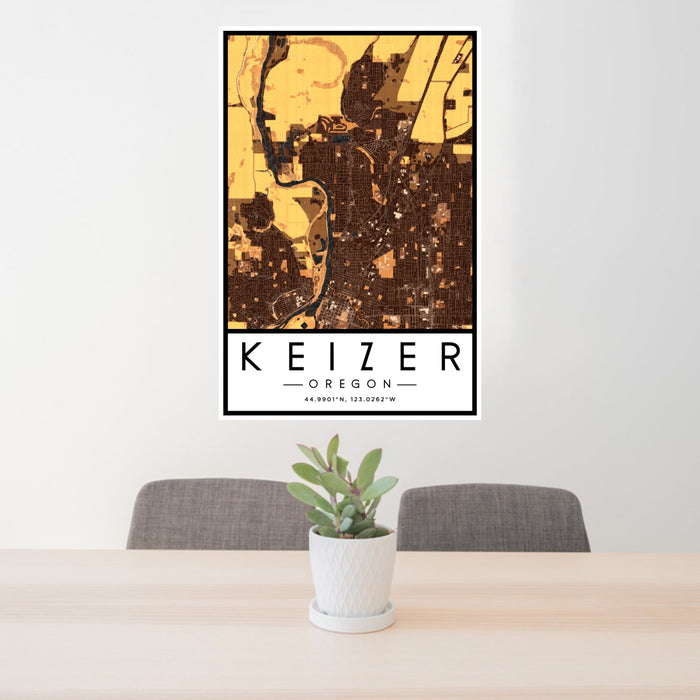 24x36 Keizer Oregon Map Print Portrait Orientation in Ember Style Behind 2 Chairs Table and Potted Plant