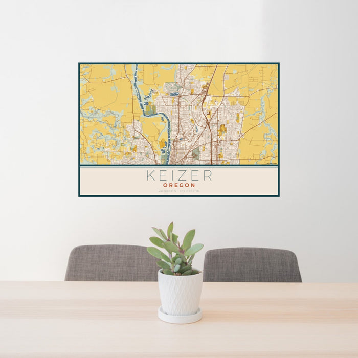 24x36 Keizer Oregon Map Print Lanscape Orientation in Woodblock Style Behind 2 Chairs Table and Potted Plant