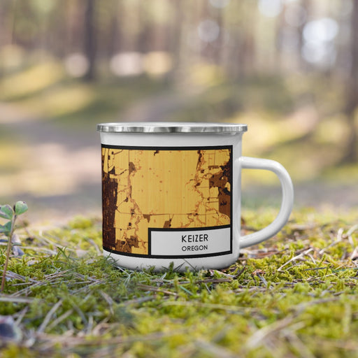 Right View Custom Keizer Oregon Map Enamel Mug in Ember on Grass With Trees in Background