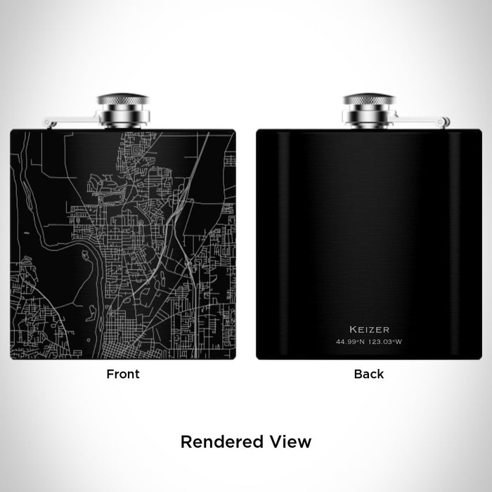 Rendered View of Keizer Oregon Map Engraving on 6oz Stainless Steel Flask in Black