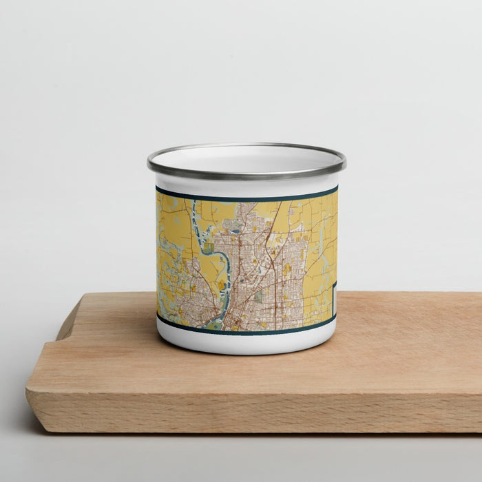 Front View Custom Keizer Oregon Map Enamel Mug in Woodblock on Cutting Board