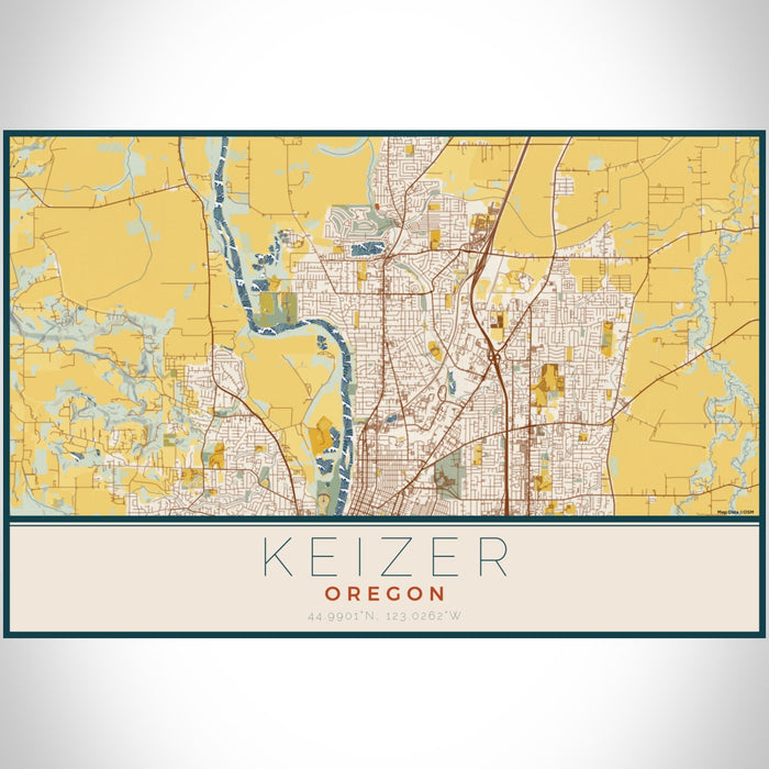Keizer Oregon Map Print Landscape Orientation in Woodblock Style With Shaded Background