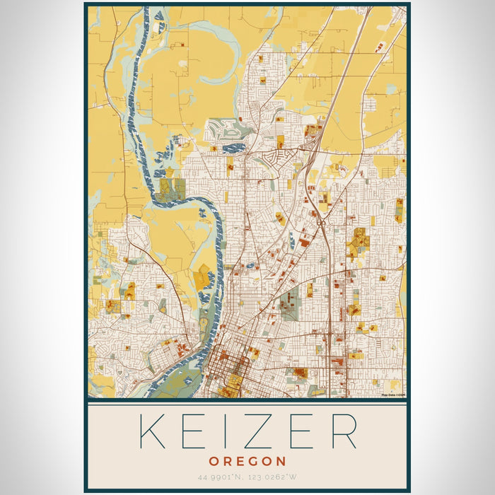 Keizer Oregon Map Print Portrait Orientation in Woodblock Style With Shaded Background