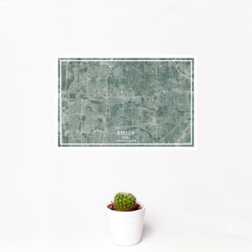 12x18 Keller Texas Map Print Landscape Orientation in Afternoon Style With Small Cactus Plant in White Planter