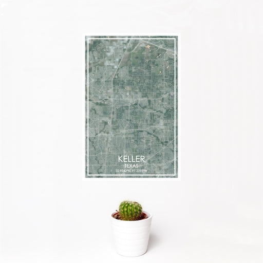 12x18 Keller Texas Map Print Portrait Orientation in Afternoon Style With Small Cactus Plant in White Planter