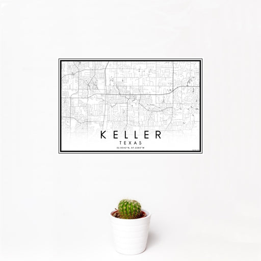 12x18 Keller Texas Map Print Landscape Orientation in Classic Style With Small Cactus Plant in White Planter