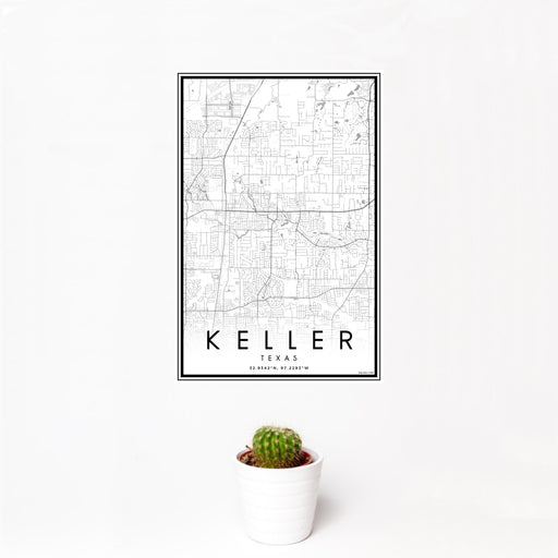 12x18 Keller Texas Map Print Portrait Orientation in Classic Style With Small Cactus Plant in White Planter