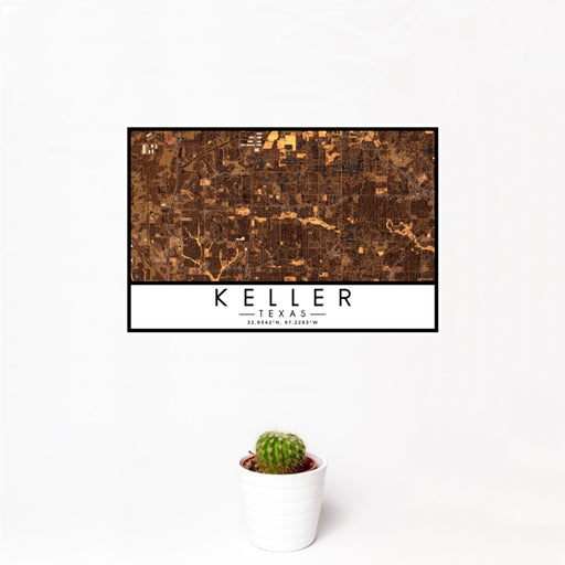 12x18 Keller Texas Map Print Landscape Orientation in Ember Style With Small Cactus Plant in White Planter
