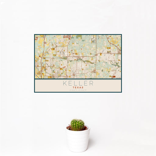 12x18 Keller Texas Map Print Landscape Orientation in Woodblock Style With Small Cactus Plant in White Planter