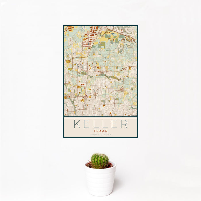 12x18 Keller Texas Map Print Portrait Orientation in Woodblock Style With Small Cactus Plant in White Planter