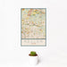 12x18 Keller Texas Map Print Portrait Orientation in Woodblock Style With Small Cactus Plant in White Planter