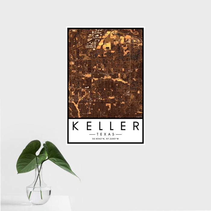16x24 Keller Texas Map Print Portrait Orientation in Ember Style With Tropical Plant Leaves in Water