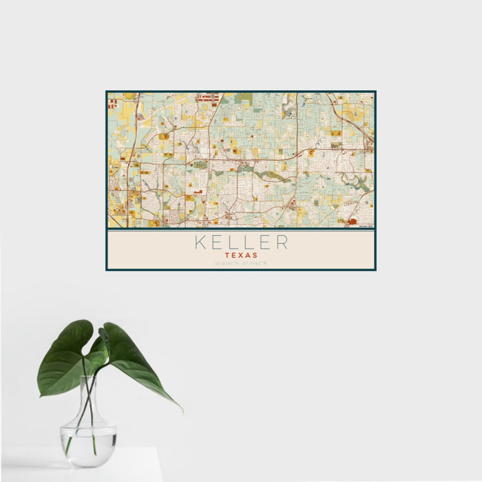 16x24 Keller Texas Map Print Landscape Orientation in Woodblock Style With Tropical Plant Leaves in Water