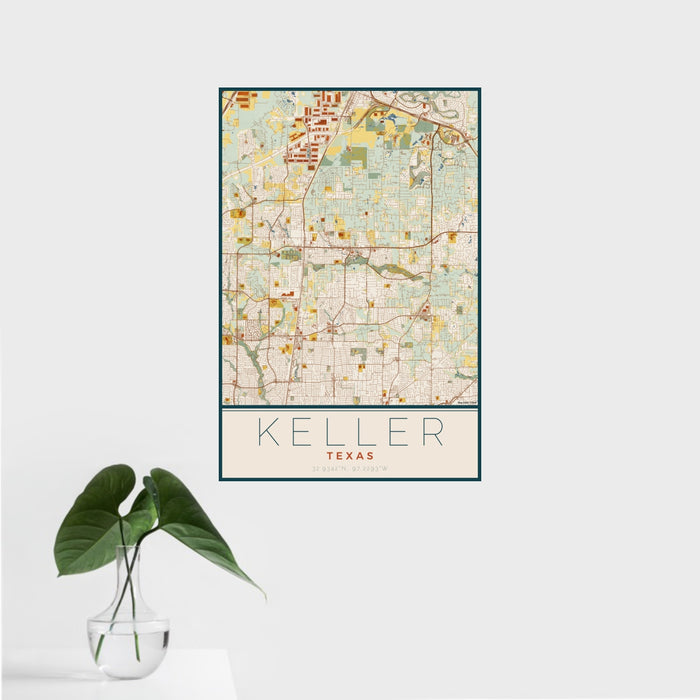 16x24 Keller Texas Map Print Portrait Orientation in Woodblock Style With Tropical Plant Leaves in Water