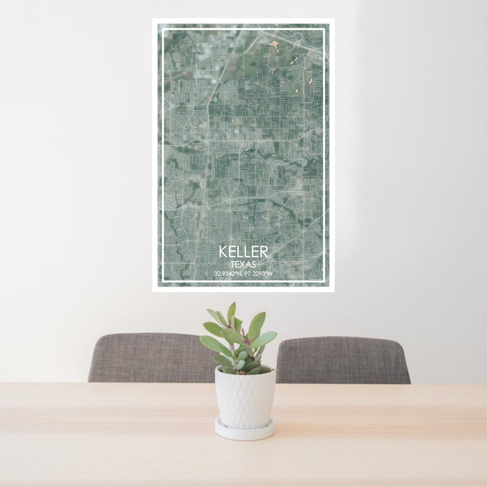 24x36 Keller Texas Map Print Portrait Orientation in Afternoon Style Behind 2 Chairs Table and Potted Plant