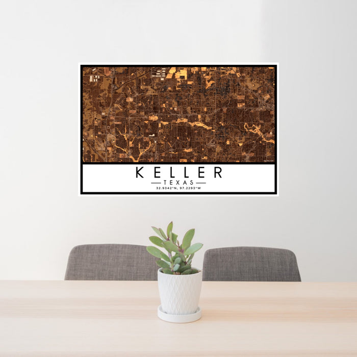 24x36 Keller Texas Map Print Lanscape Orientation in Ember Style Behind 2 Chairs Table and Potted Plant