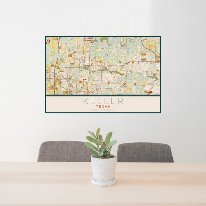 24x36 Keller Texas Map Print Lanscape Orientation in Woodblock Style Behind 2 Chairs Table and Potted Plant