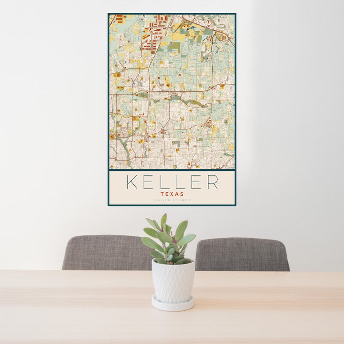 24x36 Keller Texas Map Print Portrait Orientation in Woodblock Style Behind 2 Chairs Table and Potted Plant