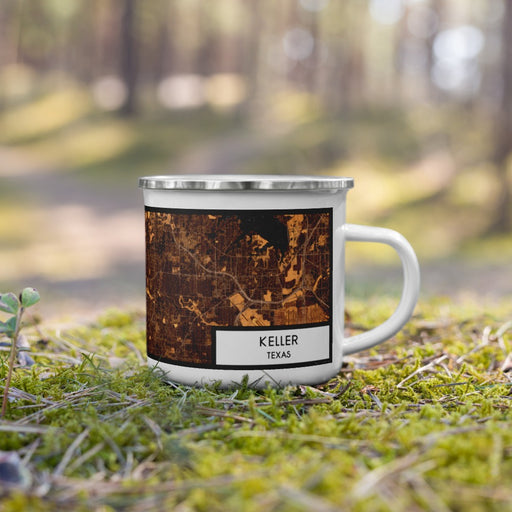 Right View Custom Keller Texas Map Enamel Mug in Ember on Grass With Trees in Background